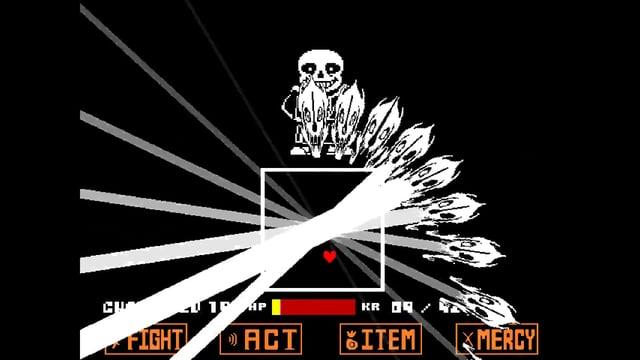 A scene from the battle with SANS, the most difficult battle in the game. The player must move the heart to avoid SANS’s attacks.
